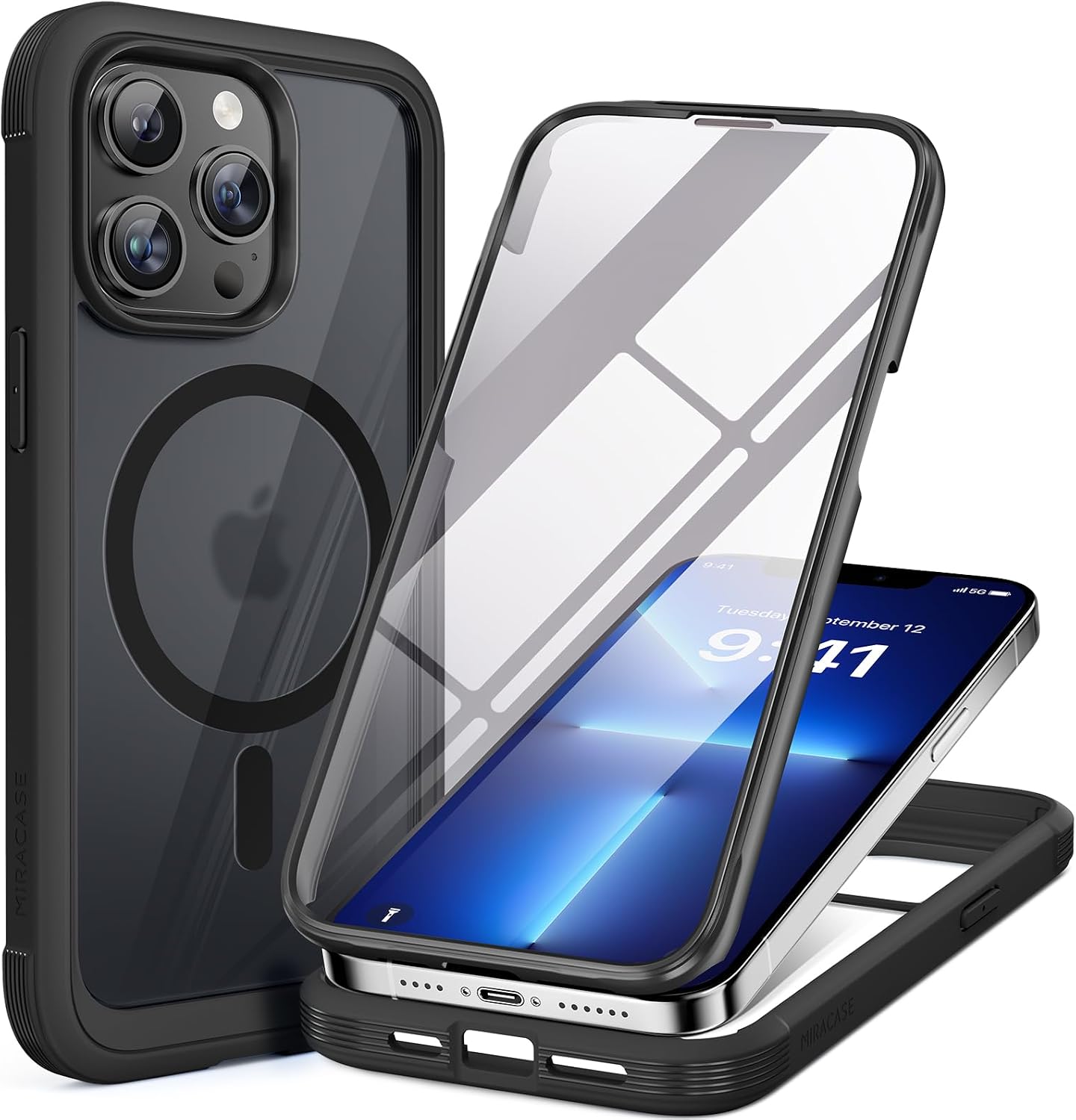 71vpfXdZ4HL._AC_SL1500_ Miracase Magnetic for iPhone 13 Pro Max Case 6.7 inch, (Compatible with MagSafe) Upgrade Full-Body Clear Phone Bumper Case with Built-in 9H Tempered Glass Screen Protector, Magnetic Matte Black