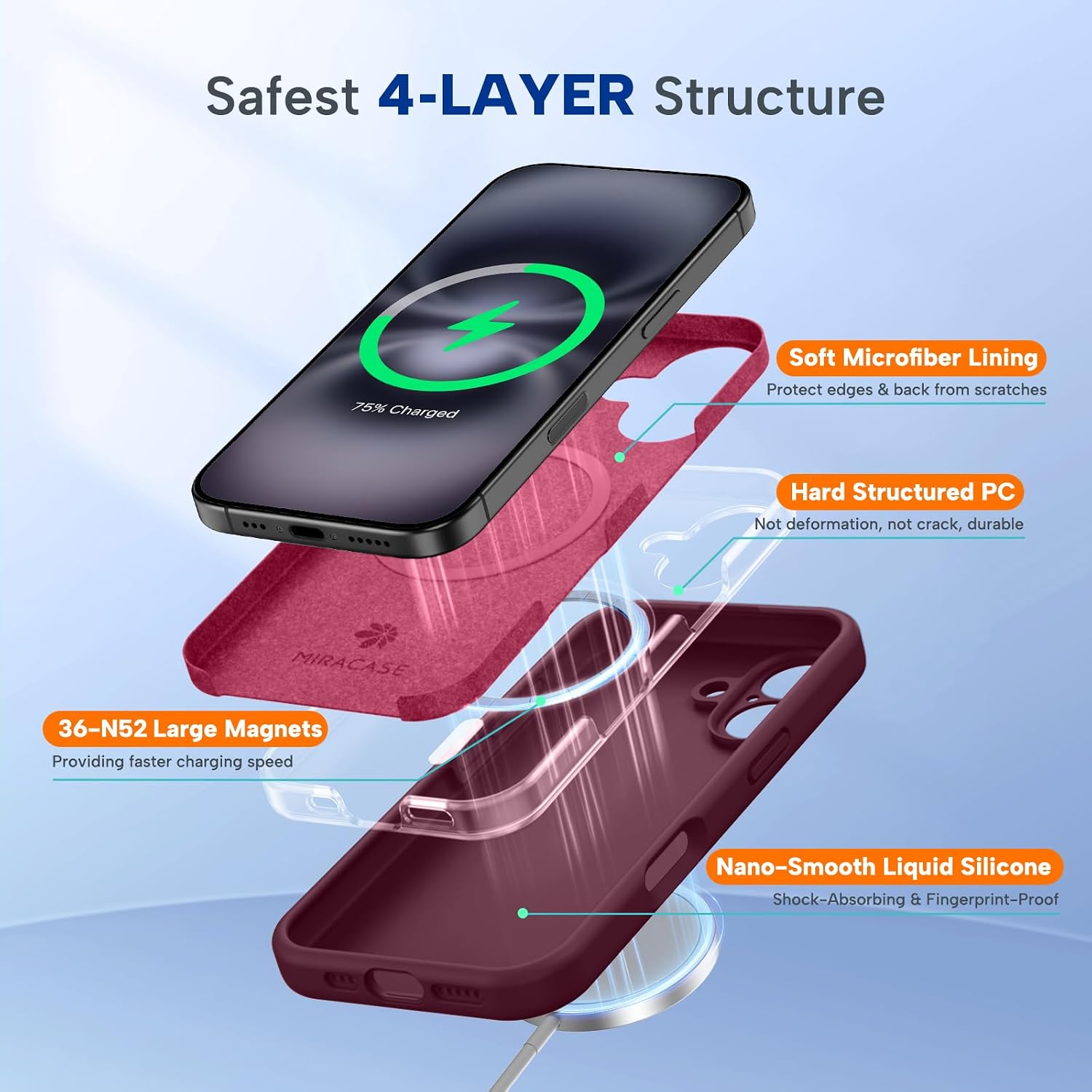 Miracase Compatible with iPhone 16 Case, [Soft Anti-Scratch Microfiber Lining], Compatible with MagSafe, Liquid Silicone Case Shockproof Drop Protection Phone Case for 16,Wine Red