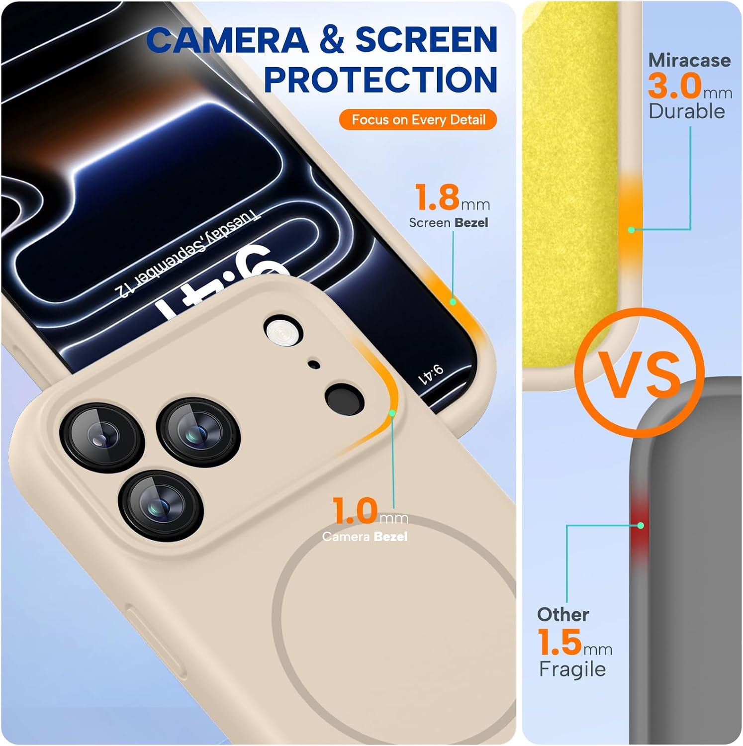 Miracase Magnetic for iPhone 17 Pro Max Case, Compatible with MagSafe, Integrated Silicone Camera Control Cover, 3.0mm Thicken Shockproof Drop Protection Phone Case for 17 ProMax, Sand