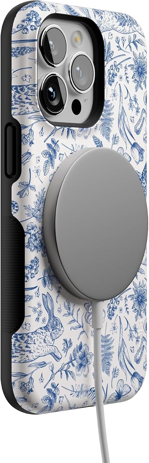 Casely iPhone 13 Pro Case | Blue Vintage Rabbits in Spring Flowers | Compatible with MagSafe | Bold Protective Design