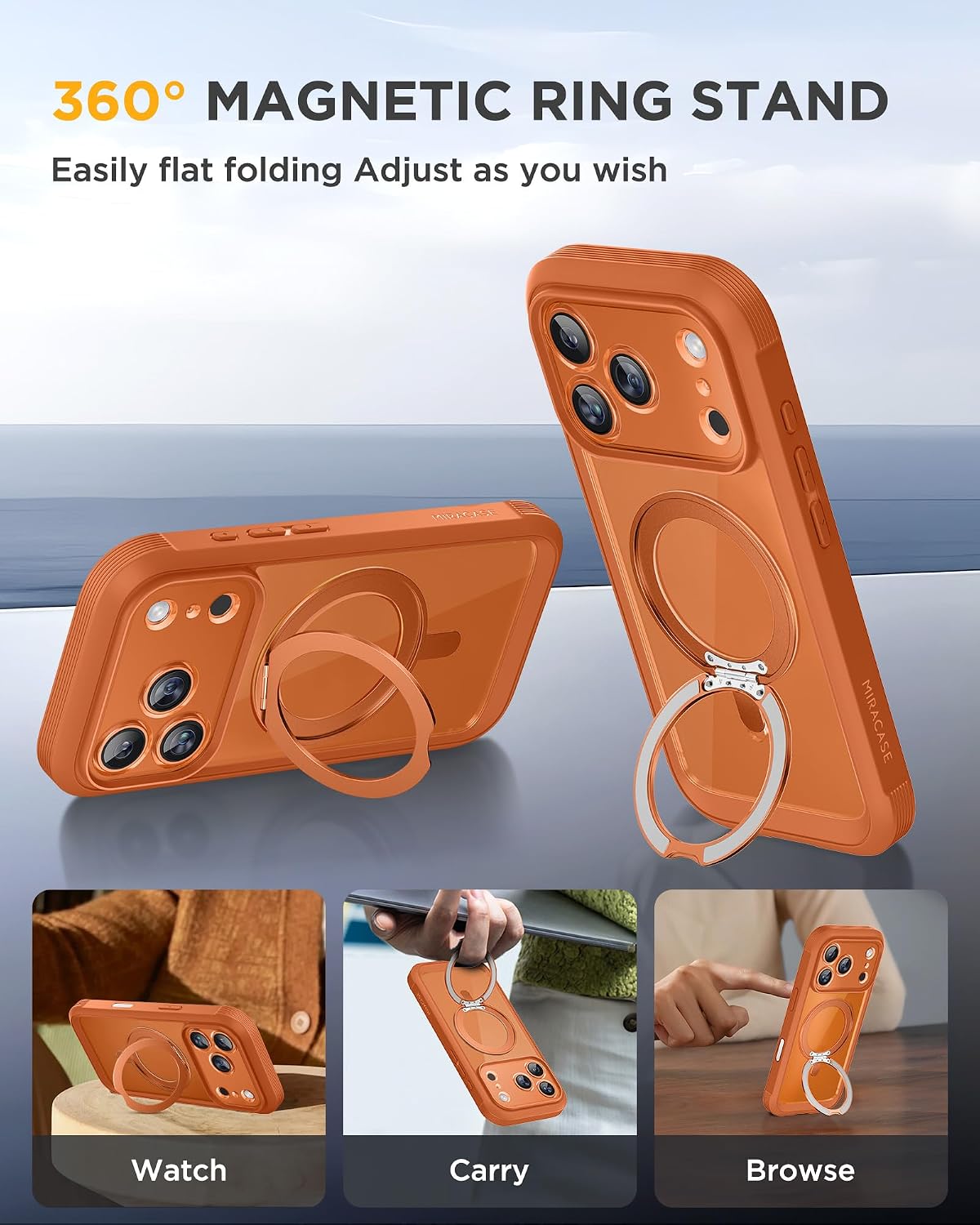 Miracase for iPhone 17 Pro Max Case with 360° Magnetic Ring Stand [Compatible with Magsafe] Full-Body Drop Proof Bumper Phone Case with Built-in 10H Tempered Glass Screen Protector,Orange