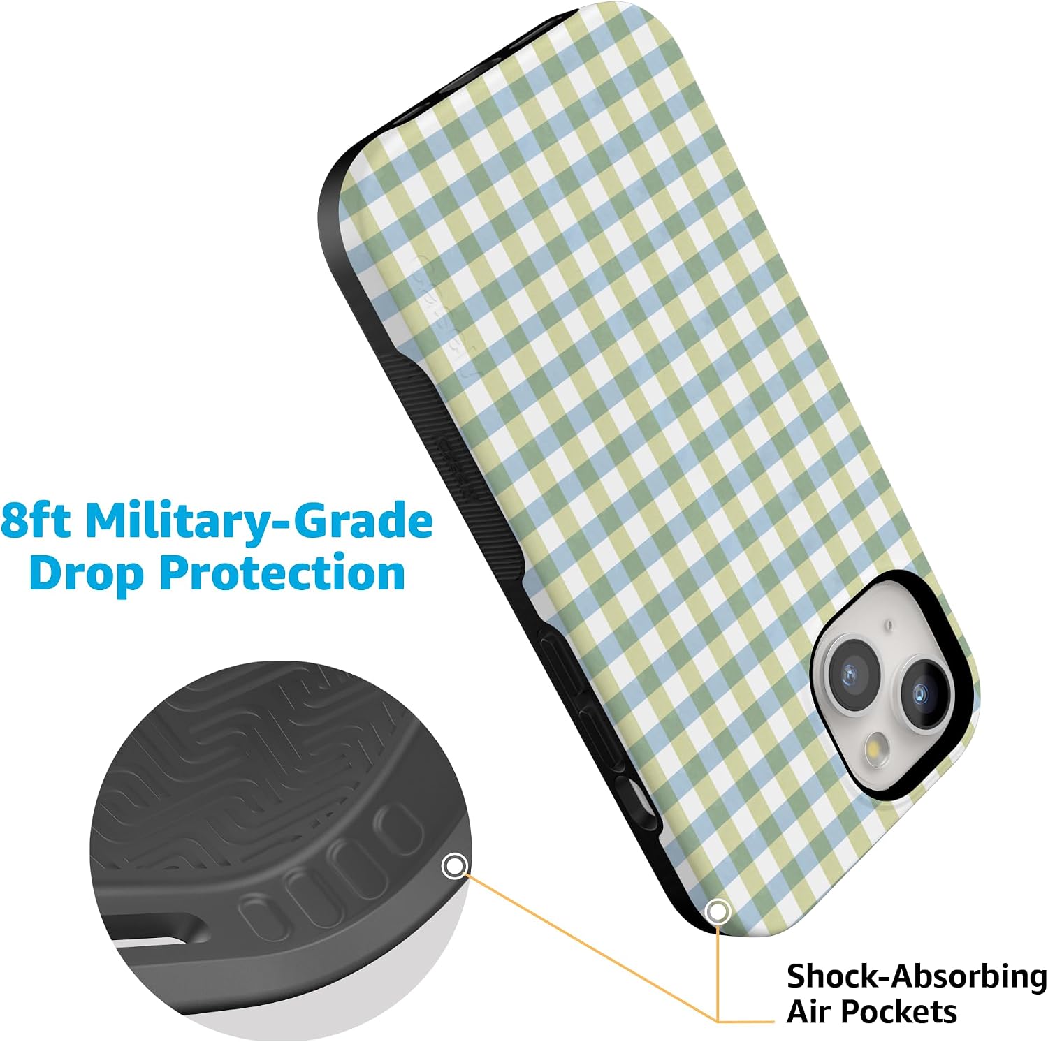 71z9GomxpAL._AC_SL1500_ Casely iPhone 15 Case | Pastel Picnic | Blue & Green Gingham | Bold Protective Design | Compatible with MagSafe