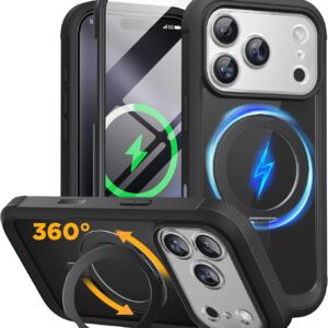 Miracase for iPhone 17 Pro Max Case with 360° Magnetic Ring Stand [Compatible with Magsafe] Full-Body Drop Proof Bumper Phone Case with Built-in 9H Tempered Glass Screen Protector,Black
