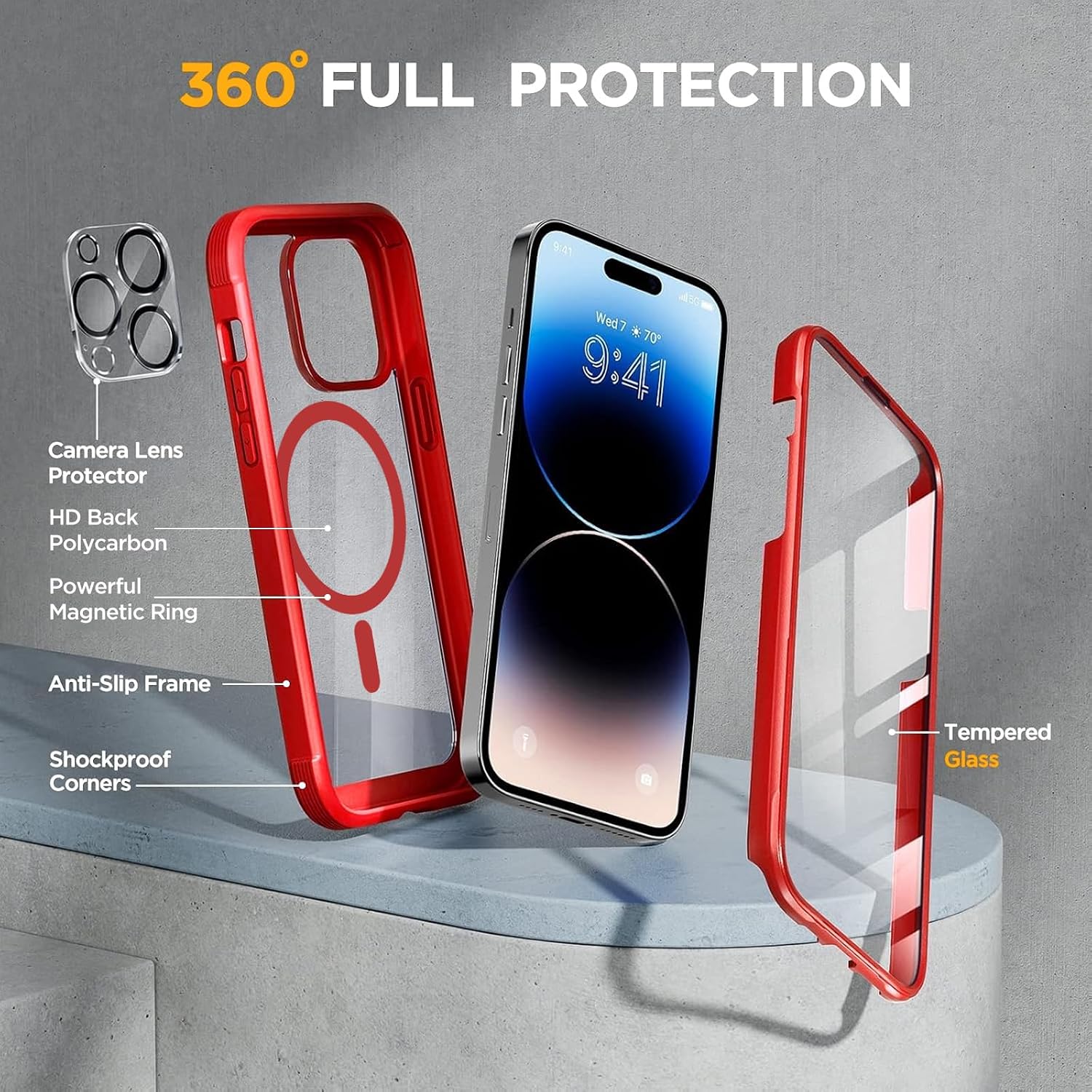811o1fH8L._AC_SL1500_ Miracase Magnetic for iPhone 14 Pro Max Case 6.7 inch, (Compatible with MagSafe) Upgrade Full-Body Clear Phone Bumper Case with Built-in 9H Tempered Glass Screen Protector, Magnetic Red