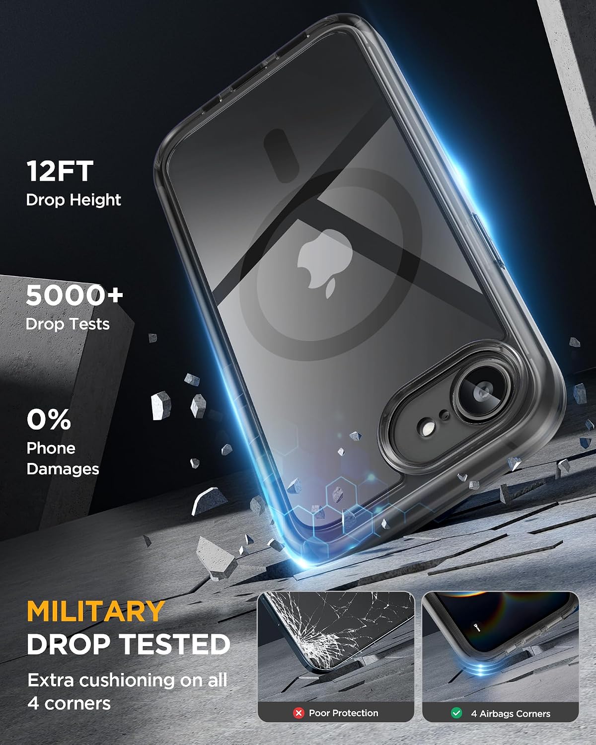 Miracase for iPhone 17e Case & iPhone 16e Case, Full-Body Phone with Built-in Glass Screen Protector, [Magnetic with MagSafe] Military Drop Proof 17 E/ 16 E Cover, Clear Black