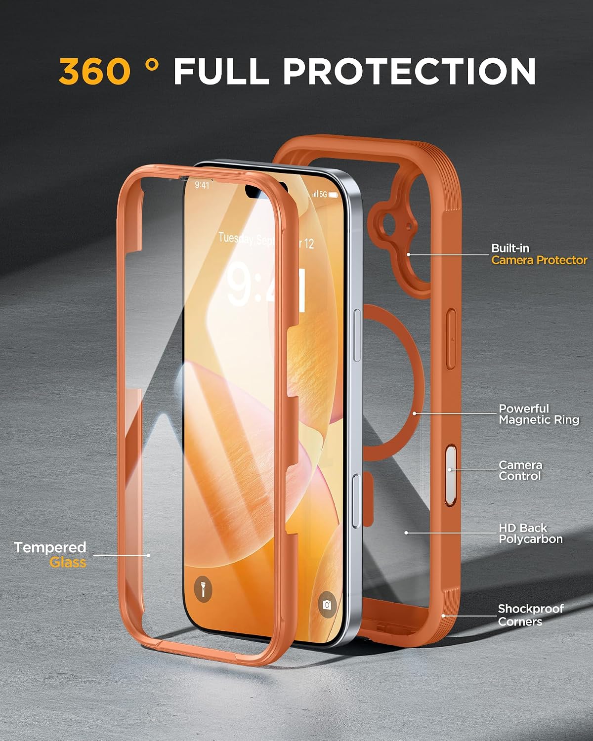 815HyHyWOL._AC_SL1500_ Miracase for iPhone 17 Case 6.3'', Full-Body Military Grade Drop Protection Outdoor Phone case with Built-in Glass Screen &Camera Control,Easy Installation,No Gap,Compatible with MagSafe, Orange