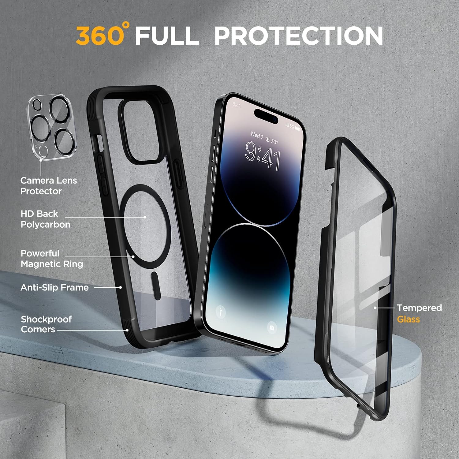 815aw6g8L3L._AC_SL1500_ Miracase Glass Series Designed for iPhone 14 Pro Max Case 6.7 Inch, Upgrade Full-Body Magnetic Case with Built-in 9H Tempered Glass Screen Protector, with Camera Lens Protector, Magnetic Black