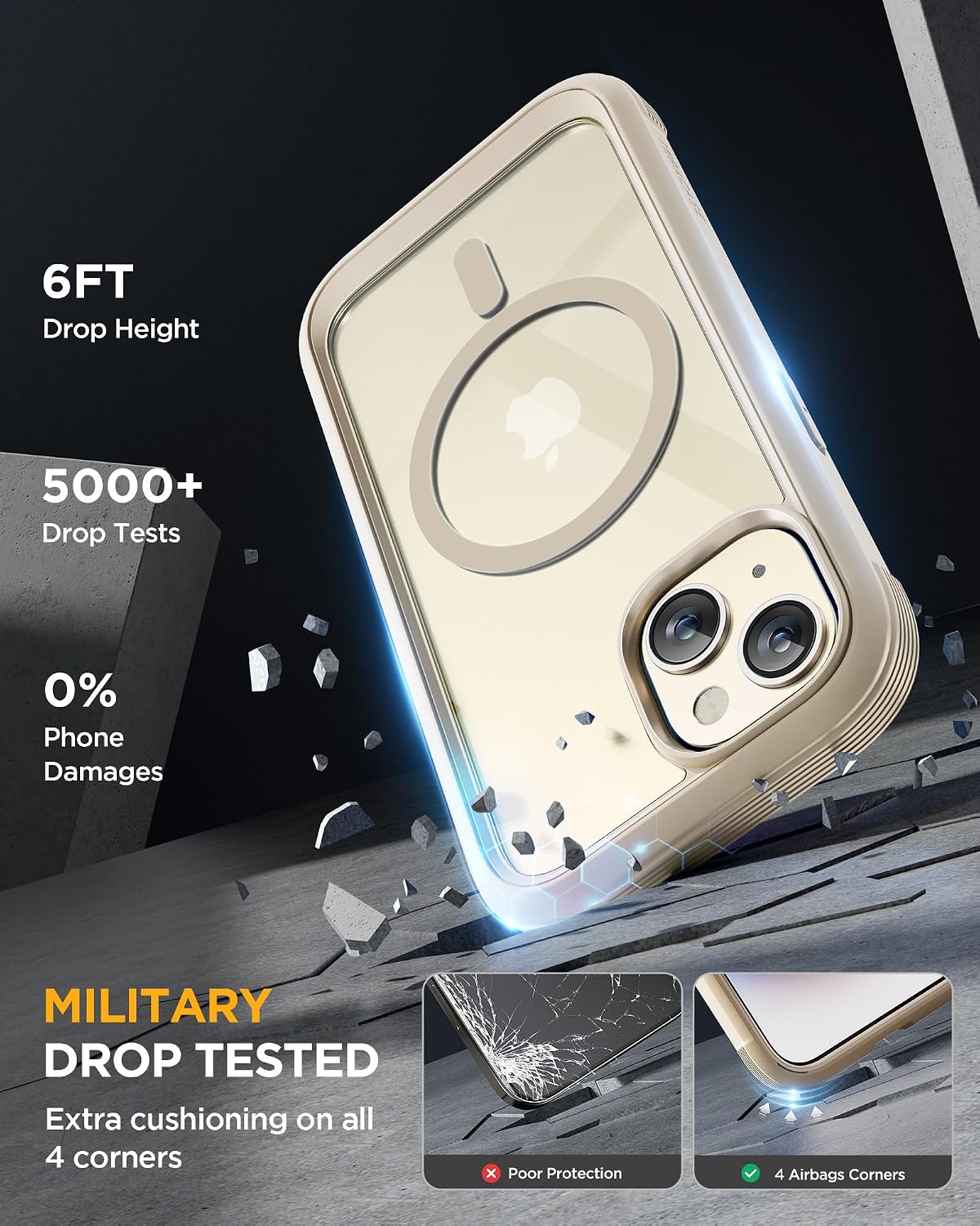 Miracase Glass Series for iPhone 15 Case [Compatible with MagSafe] Full-Body Magnetic Bumper Case with Built-in 9H Tempered Glass Anti-Fingerprint Screen Protector + Camera Lens Protector, Beige