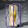Miracase Glass Series for iPhone 15 Case [Compatible with MagSafe] Full-Body Magnetic Case with Built-in 9H Tempered Glass Anti-Fingerprint Screen Protector + Camera Lens Protector, Purple