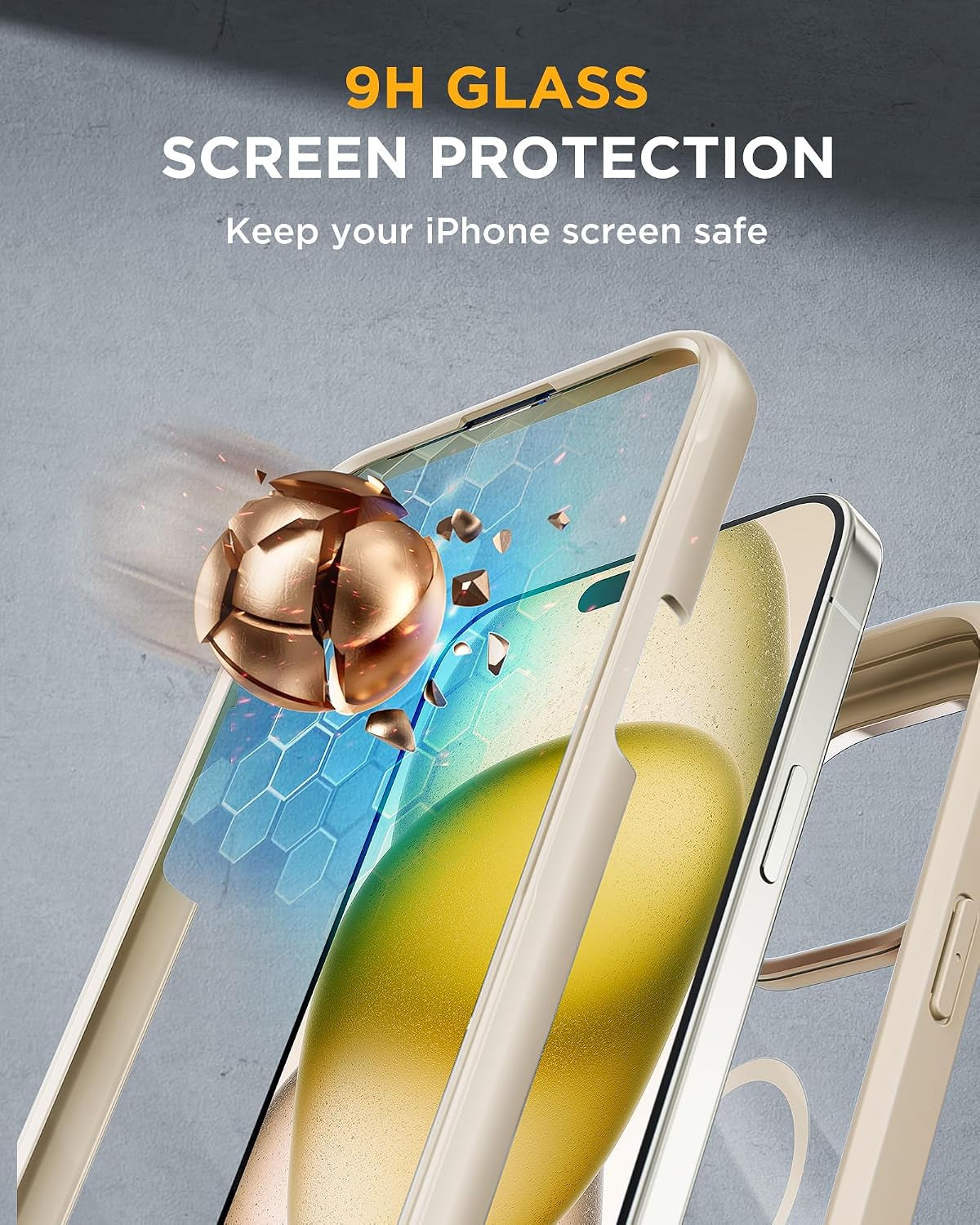 Miracase Glass Series for iPhone 15 Case [Compatible with MagSafe] Full-Body Magnetic Bumper Case with Built-in 9H Tempered Glass Anti-Fingerprint Screen Protector + Camera Lens Protector, Beige