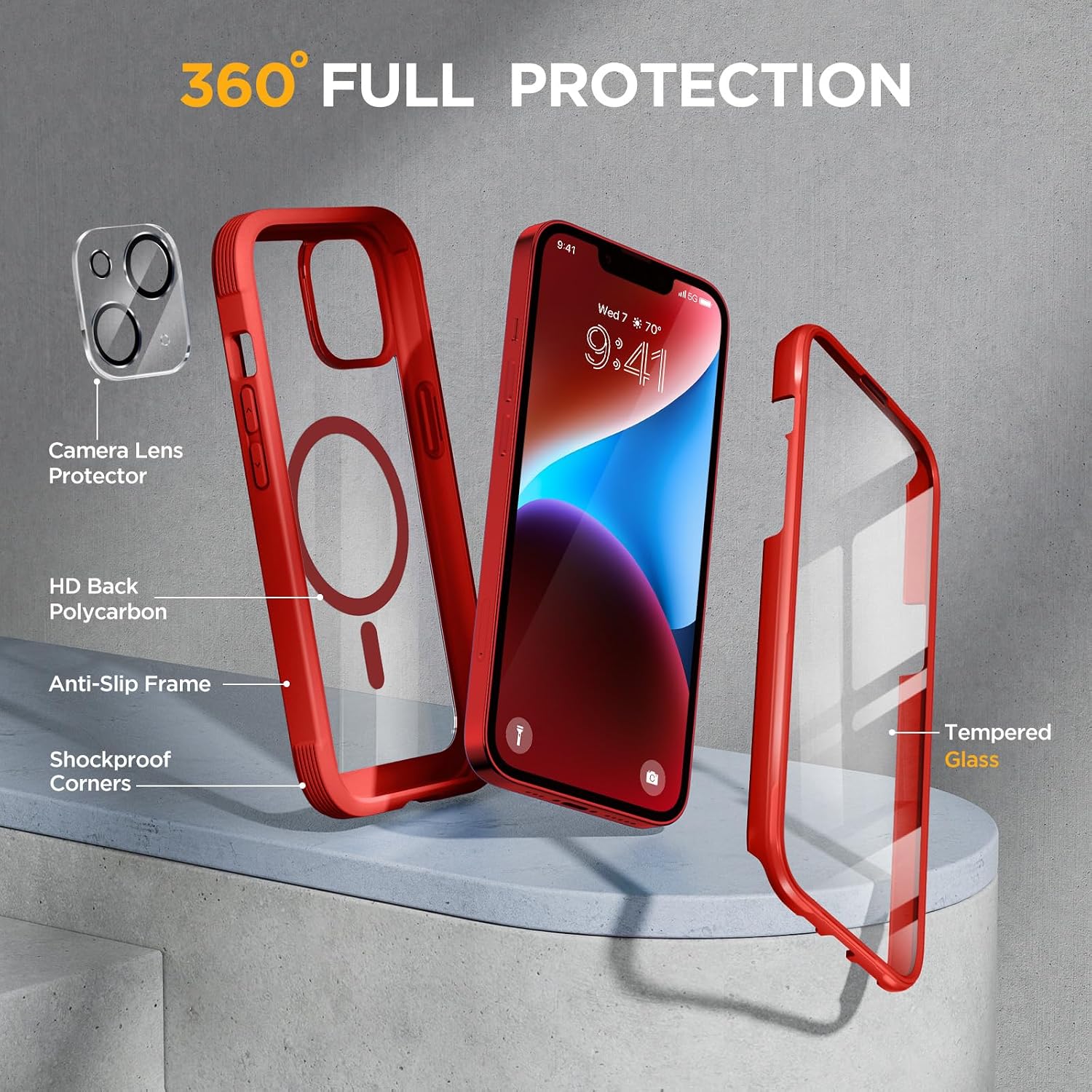 8191lw8RWLL._AC_SL1500_ Miracase Glass Series Designed for iPhone 14 Plus Case 6.7 inch, 2023 Upgrade Full-Body Magnetic Clear Case with Built-in 9H Tempered Glass Screen Protector,Compatible with MagSafe, Red