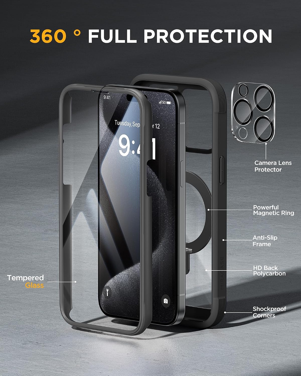 Miracase for iPhone 15 Pro Max Case with 360° Magnetic Ring Stand [Compatible with Magsafe] Full-Body Drop Proof Bumper Phone Case with Built-in 9H Tempered Glass Screen Protector,Black