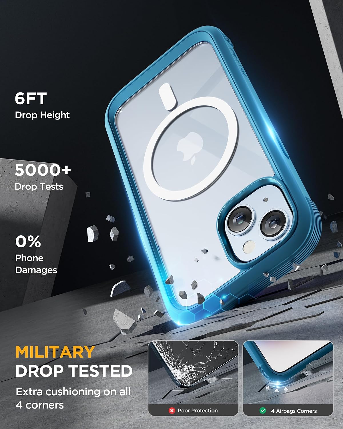 Miracase Glass Series for iPhone 15 Case [Compatible with MagSafe] Full-Body Magnetic Bumper Case with Built-in 9H Tempered Glass Anti-Fingerprint Screen Protector + Camera Lens Protector, Sea Blue