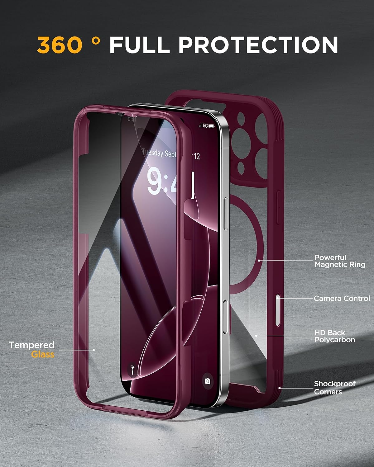 Miracase Magnetic for iPhone 16 Pro Case Full-Body Phone with Built-in Glass Screen Protector, [Compatible with MagSafe] Military Drop Proof 16 Pro Cover Bumper 6.3 inch, Plum