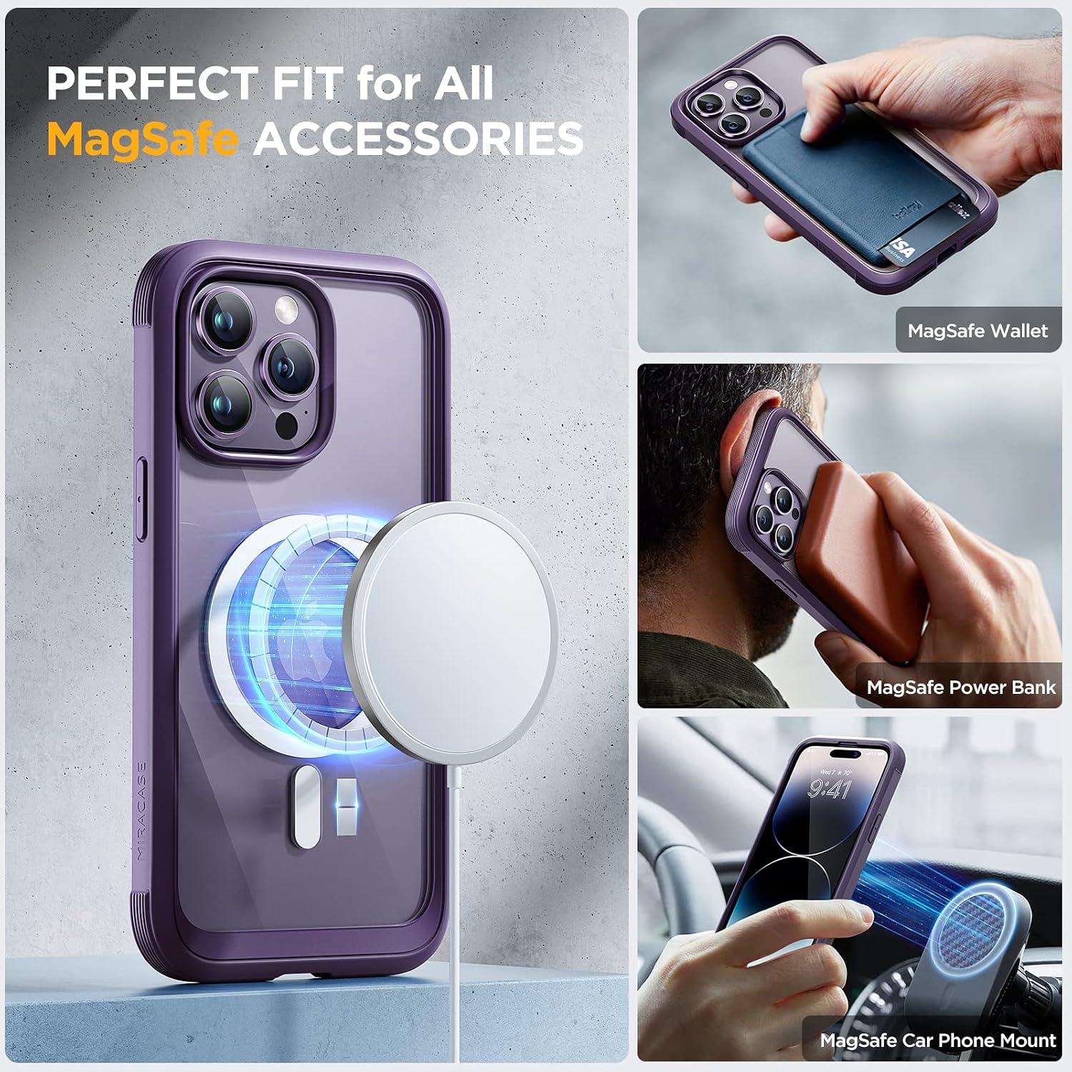 81ARj5MylL._AC_SL1500_ Miracase Magnetic for iPhone 14 Pro Case 6.1 inch, (Compatible with MagSafe) Upgrade Full-Body Clear Phone Bumper Case with Built-in 9H Tempered Glass Screen Protector, Magnetic Purple