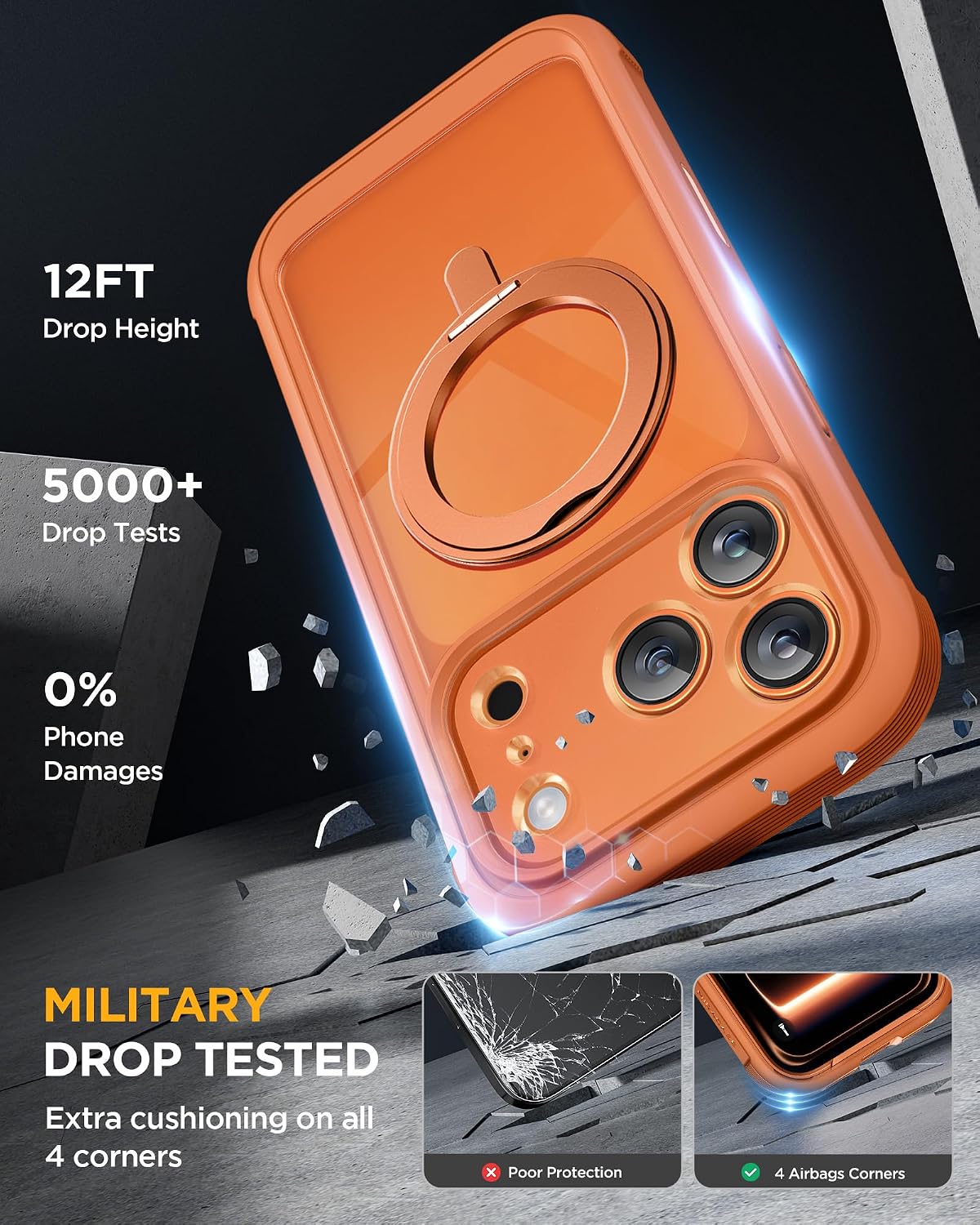 Miracase for iPhone 17 Pro Max Case with 360° Magnetic Ring Stand [Compatible with Magsafe] Full-Body Drop Proof Bumper Phone Case with Built-in 10H Tempered Glass Screen Protector,Orange