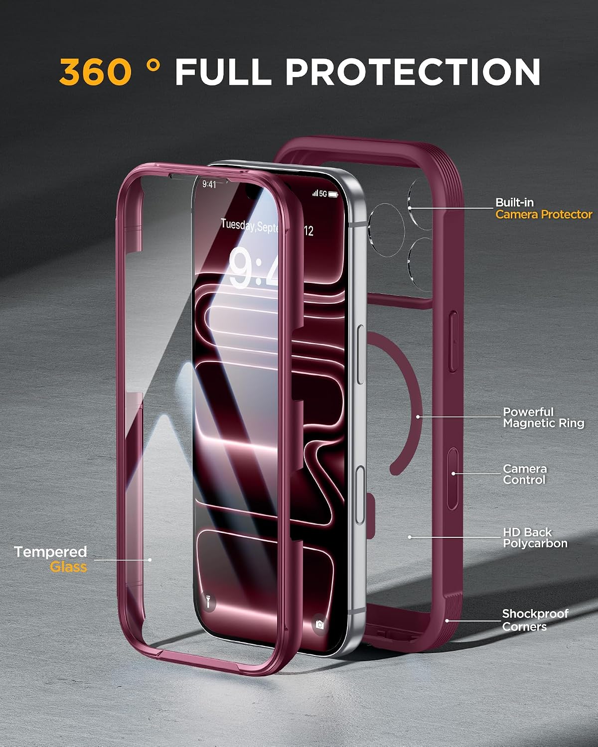 Miracase Magnetic for iPhone 17 Pro Case 6.3" [Compatible with MagSafe] Full-Body Phone Case with Built-in Glass Screen Protector & Camera Control,Drop Proof iPhone 17 Pro Cover, Deep Magenta