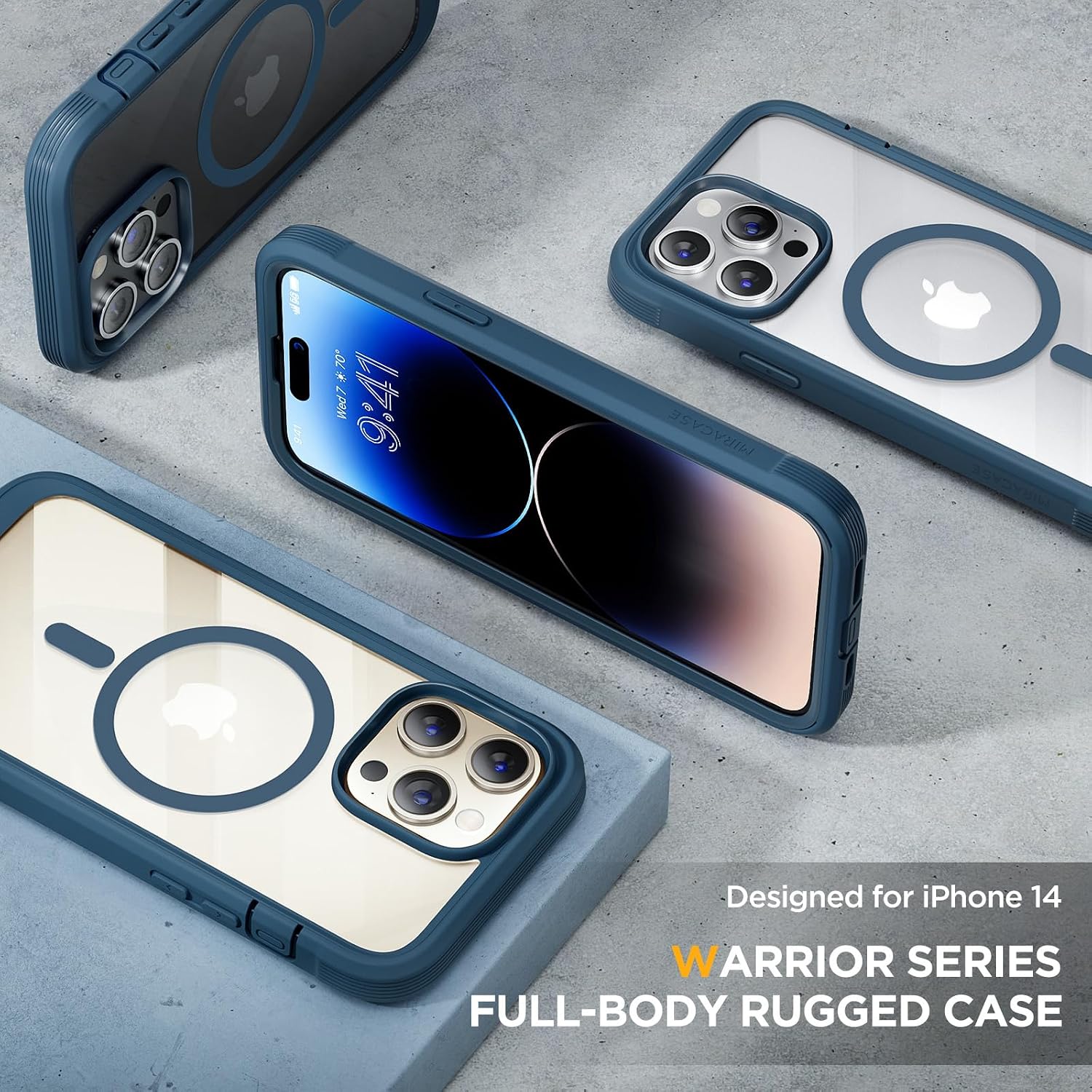81BtG6bEh2L._AC_SL1500_ Miracase Glass Series Designed for iPhone 14 Pro Max Case 6.7 Inch, Upgrade Full-Body Magnetic Case with Built-in 9H Tempered Glass Screen Protector, with Camera Lens Protector, Storm Blue