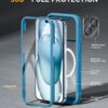 Miracase Glass Series for iPhone 15 Case [Compatible with MagSafe] Full-Body Magnetic Bumper Case with Built-in 9H Tempered Glass Anti-Fingerprint Screen Protector + Camera Lens Protector, Sea Blue
