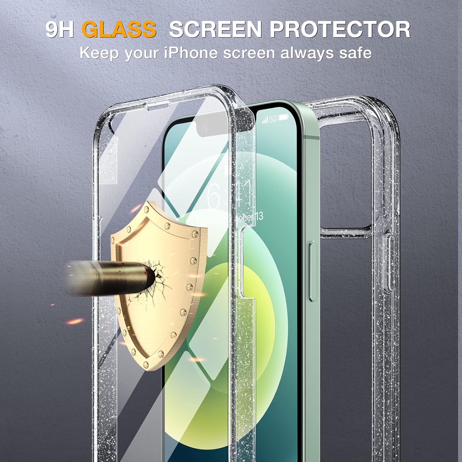 81D5T89weL._AC_SL1500_ Miracase Glass Series for iPhone 12/12 Pro Case 6.1 inch, Upgraded Full-Body Rugged Phone Bumper Case Cover with Built-in 9H Tempered Glass Screen Protector and Camera Protector, Clear Glitter