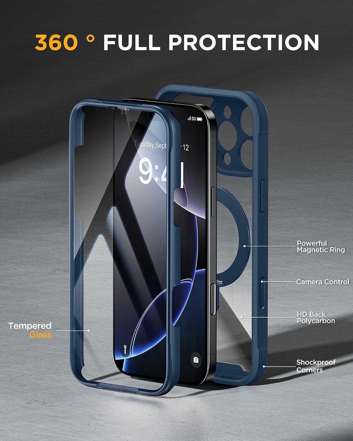 Miracase for iPhone 16 Pro Case with 360° Magnetic Ring Stand [Compatible with Magsafe] Full-Body Drop Proof Bumper Phone Case with Built-in 10H Tempered Glass Screen Protector,Blue