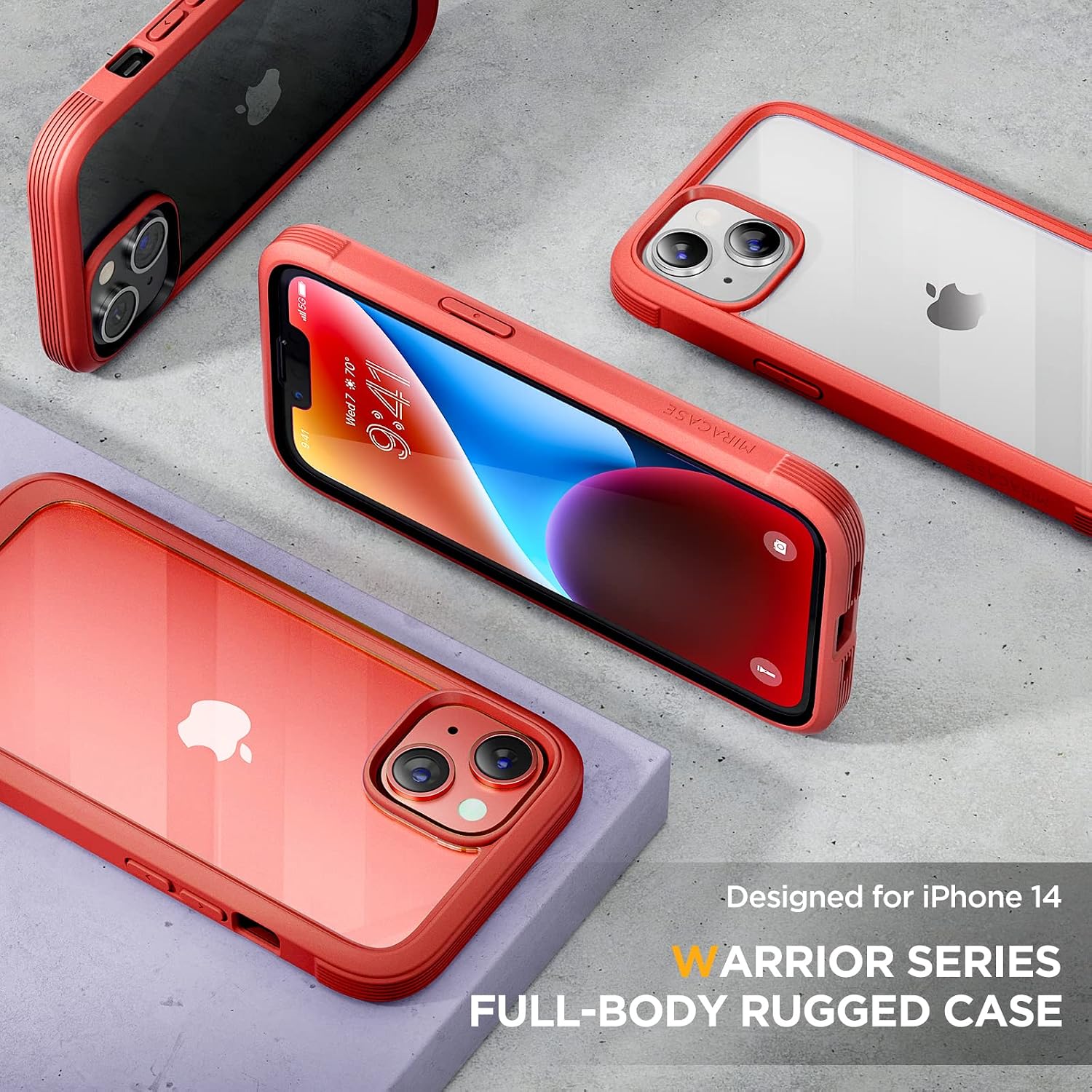 81GWXg8cwML._AC_SL1500_ Miracase Glass Series Designed for iPhone 14 Case 6.1 inch, 2023 Upgrade Full-Body Clear Bumper Case with Built-in 9H Tempered Glass Screen Protector and Camera Lens Protector,Red