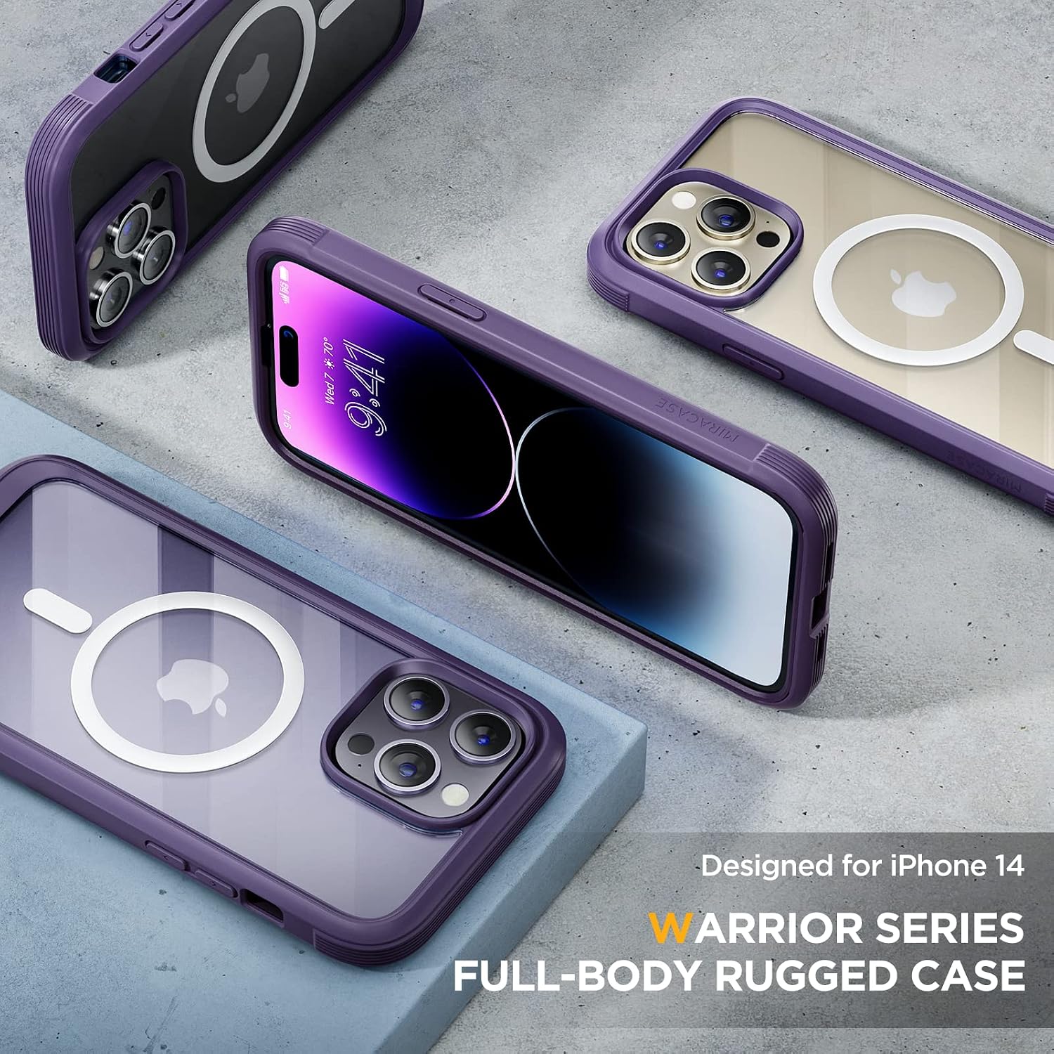 81GmMQ6FO6L._AC_SL1500_ Miracase Magnetic for iPhone 14 Pro Case 6.1 inch, (Compatible with MagSafe) Upgrade Full-Body Clear Phone Bumper Case with Built-in 9H Tempered Glass Screen Protector, Magnetic Purple