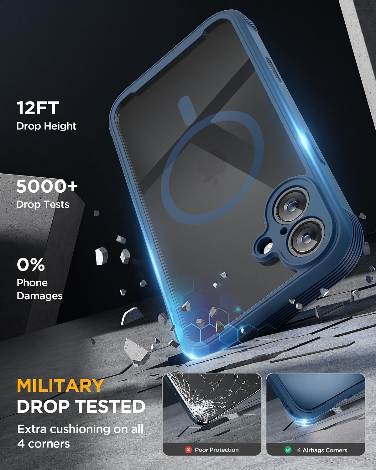 Miracase Magnetic for iPhone 16 Plus Case Full-Body Phone with Built-in Glass Screen Protector, [Compatible with MagSafe] Military Drop Proof 16 Plus Cover Bumper, Storm Blue