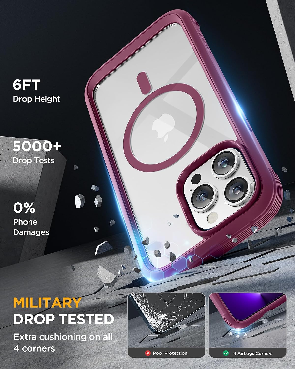 81I-Jnlt4TL._AC_SL1500_ Miracase Magnetic for iPhone 13 Pro Max Case 6.7 inch, (Compatible with MagSafe) Upgrade Full-Body Clear Phone Bumper Case with Built-in 9H Tempered Glass Screen Protector, Magnetic Wine Red