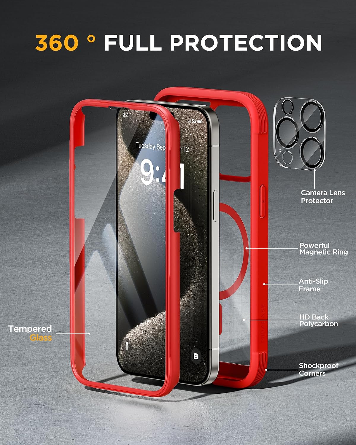 81JS-uDX2PL._AC_SL1500_ Miracase Magnetic for iPhone 15 Pro Case Full-Body Bumper Phone case with Built-in Glass Screen Protector& Camera Protector, Military Drop Proof 15 Pro Cover, Magnetic Red