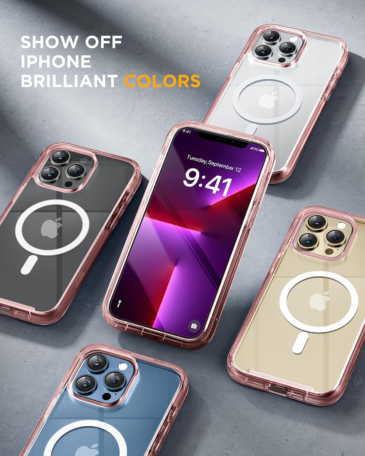 Miracase Magnetic for iPhone 13 Pro Max Case 6.7 inch, (Compatible with MagSafe) Upgrade Full-Body Clear Phone Bumper Case with Built-in 9H Tempered Glass Screen Protector, Magnetic Clear Pink