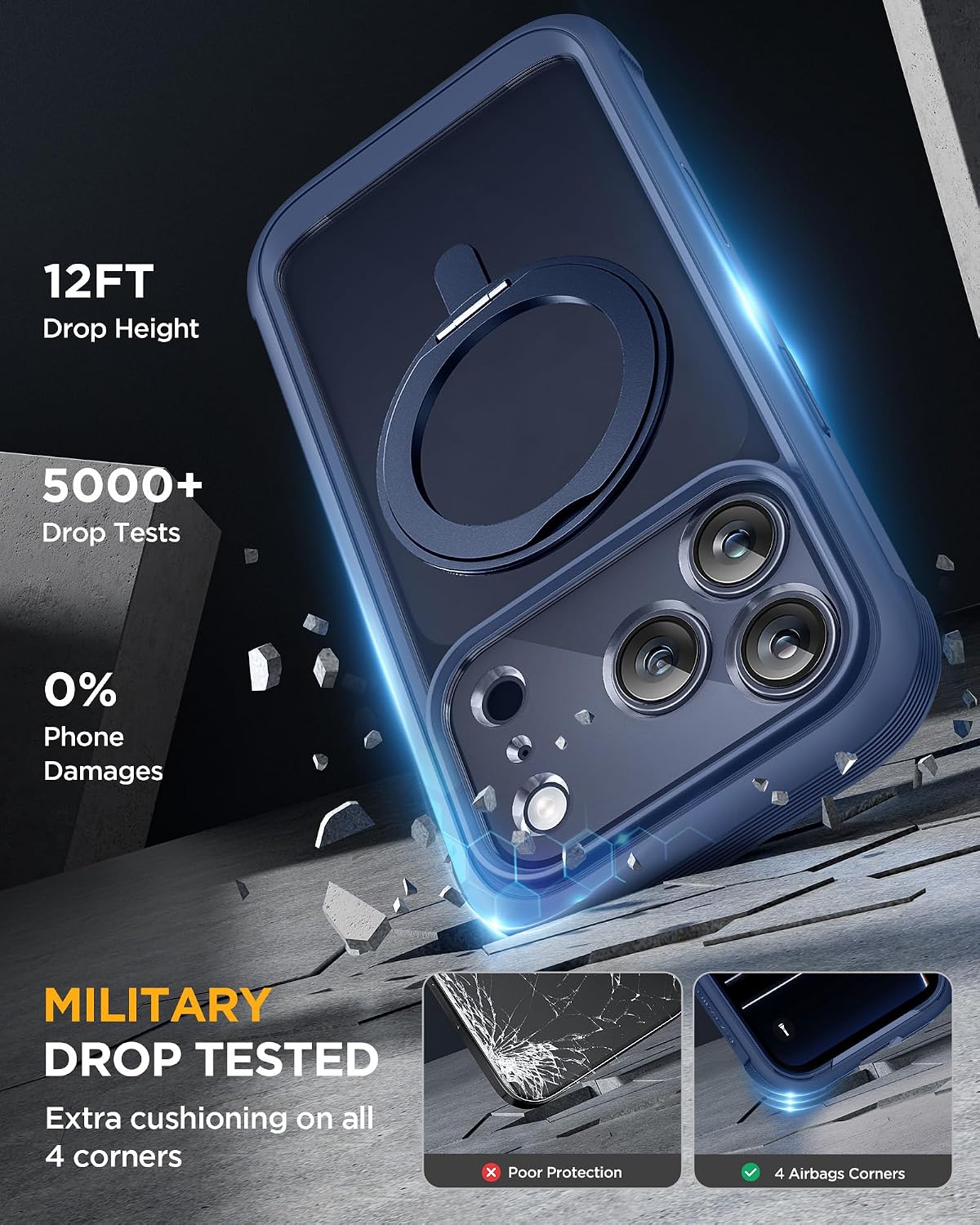 Miracase for iPhone 17 Pro Max Case with 360° Magnetic Ring Stand [Magnetic with Magsafe] Full-Body Drop Proof Bumper Phone Case with Built-in 11H Tempered Glass Screen Protector,Blue