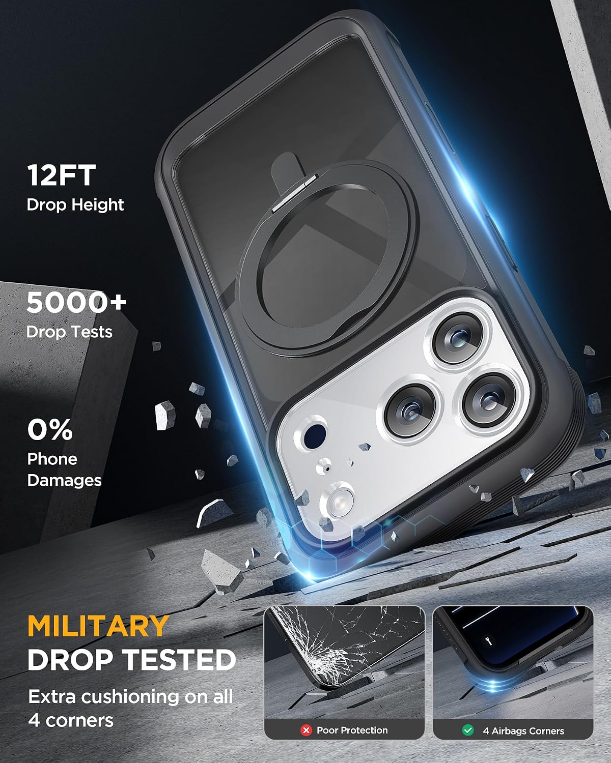 Miracase for iPhone 17 Pro Max Case with 360° Magnetic Ring Stand [Compatible with Magsafe] Full-Body Drop Proof Bumper Phone Case with Built-in 9H Tempered Glass Screen Protector,Black