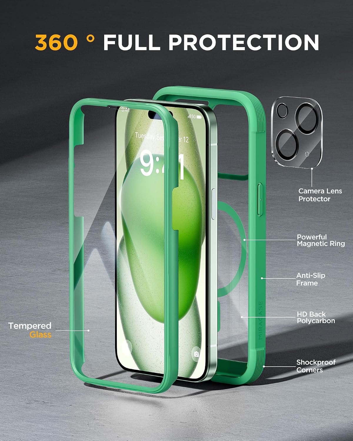 Miracase Magnetic for iPhone 15 Plus Case 6.7'' [Compatible with Magsafe] Full-Body Military Drop Proof 15 Plus Phone Case Cover with Built-in 9H Tempered Glass Screen Protector,Magnetic Green