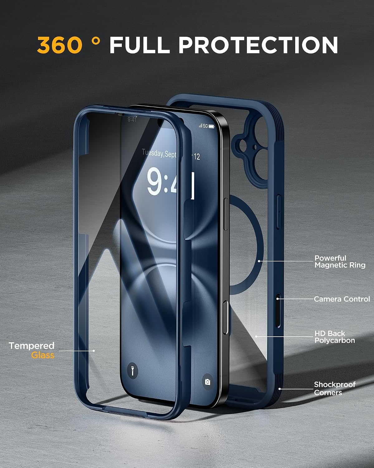 Miracase Magnetic for iPhone 16 Plus Case Full-Body Phone with Built-in Glass Screen Protector, [Compatible with MagSafe] Military Drop Proof 16 Plus Cover Bumper, Storm Blue