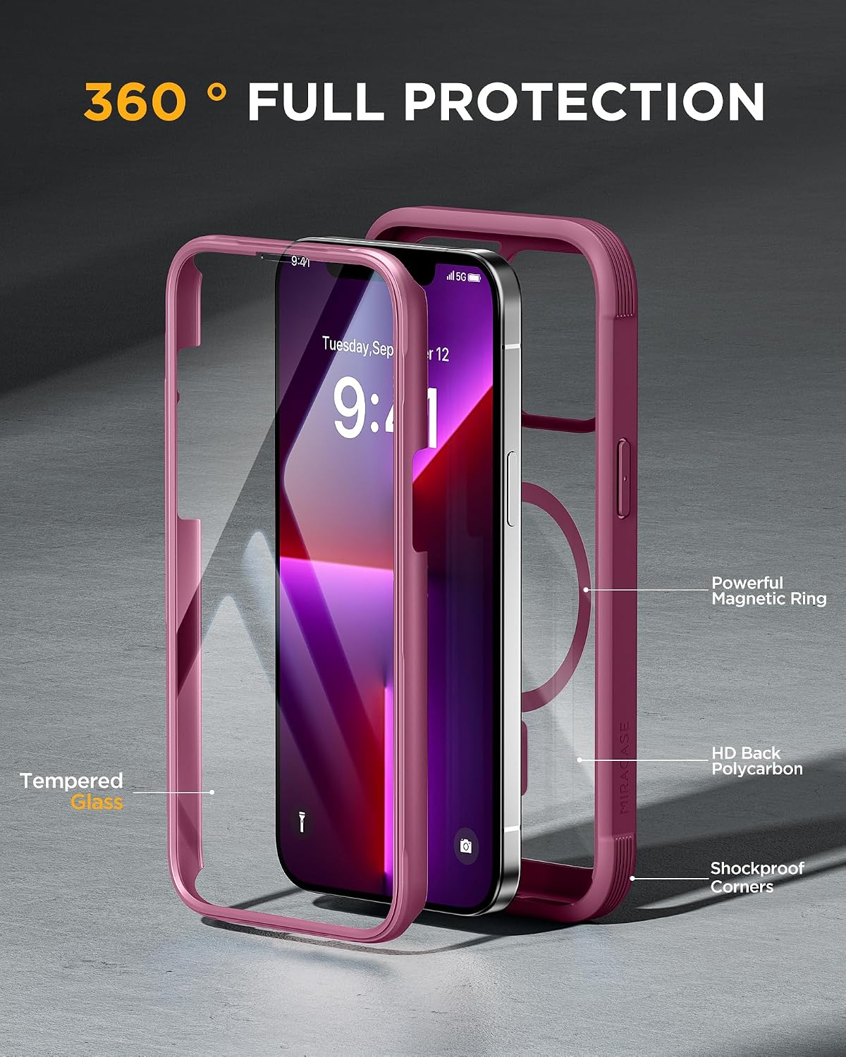 81TgrB-f8L._AC_SL1500_ Miracase Magnetic for iPhone 13 Pro Max Case 6.7 inch, (Compatible with MagSafe) Upgrade Full-Body Clear Phone Bumper Case with Built-in 9H Tempered Glass Screen Protector, Magnetic Wine Red