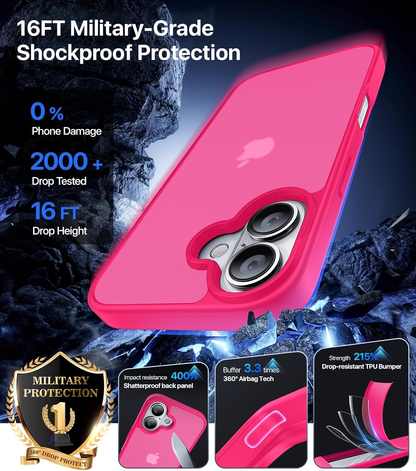 Eastinbox for iPhone 16 Case [16FT Military Grade Shockproof], Anti-Slip Anti-Scratch, Slim Translucent Frosted Matte Protective Cover, i Phone 16 Phone Case 6.1", Hotpink