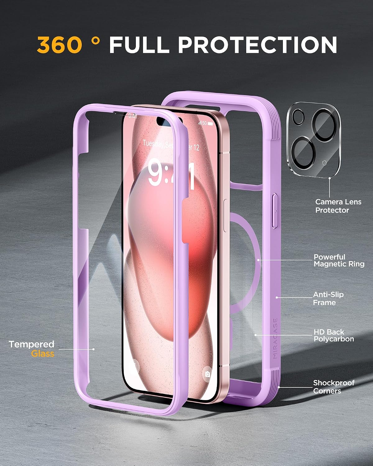 Miracase Magnetic for iPhone 15 Plus Case 6.7'' [Compatible with Magsafe] Full-Body Military Drop Proof 15 Plus Phone Case Cover with Built-in 9H Tempered Glass Screen Protector,Light Purple