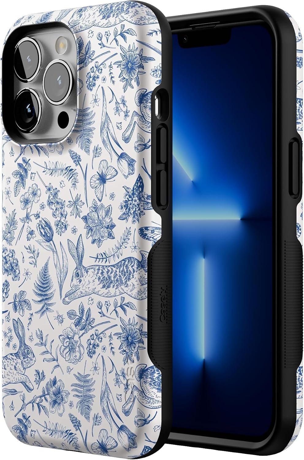 Casely iPhone 13 Pro Case | Blue Vintage Rabbits in Spring Flowers | Compatible with MagSafe | Bold Protective Design