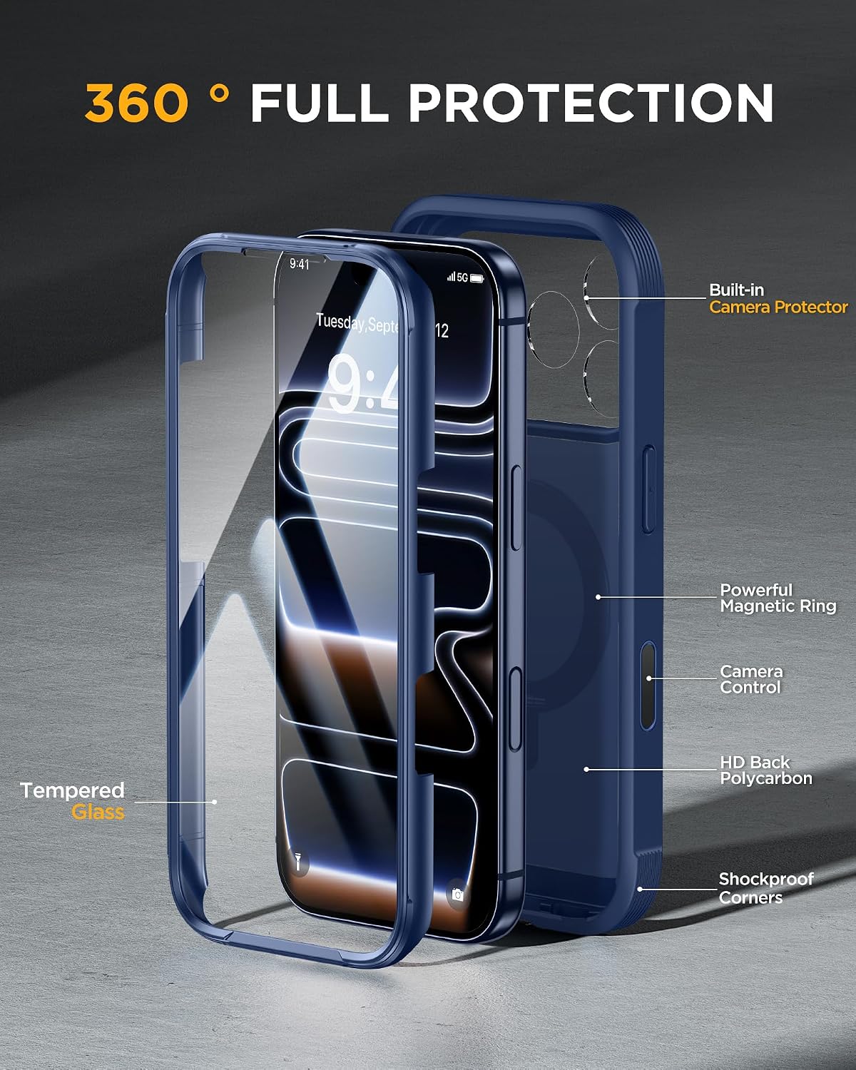 Miracase for iPhone 17 Pro Max Case with 360° Magnetic Ring Stand [Magnetic with Magsafe] Full-Body Drop Proof Bumper Phone Case with Built-in 11H Tempered Glass Screen Protector,Blue