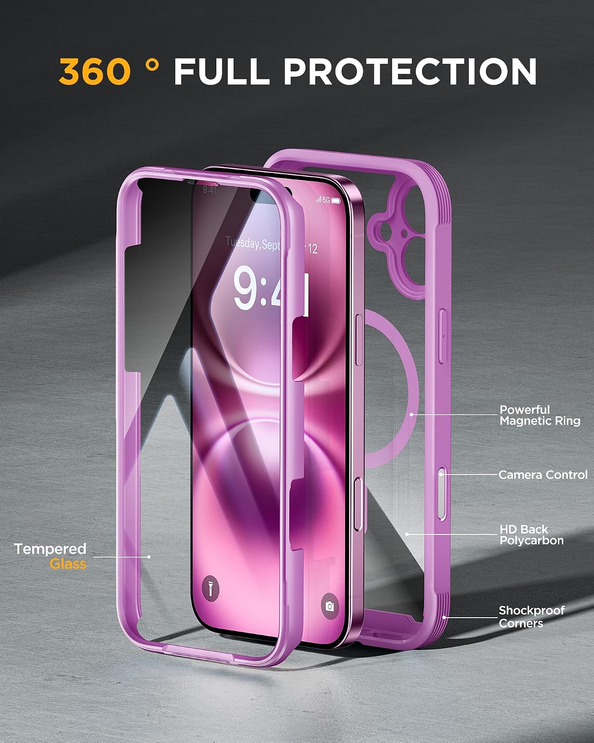 Miracase for iPhone 16 Case 6.1'', [Bubble Free] Full-Body Bumper Phone case with Built-in Full Glass Screen &Camera Control,No Gap,Compatible with MagSafe,Drop Proof 16 Cover,Pink
