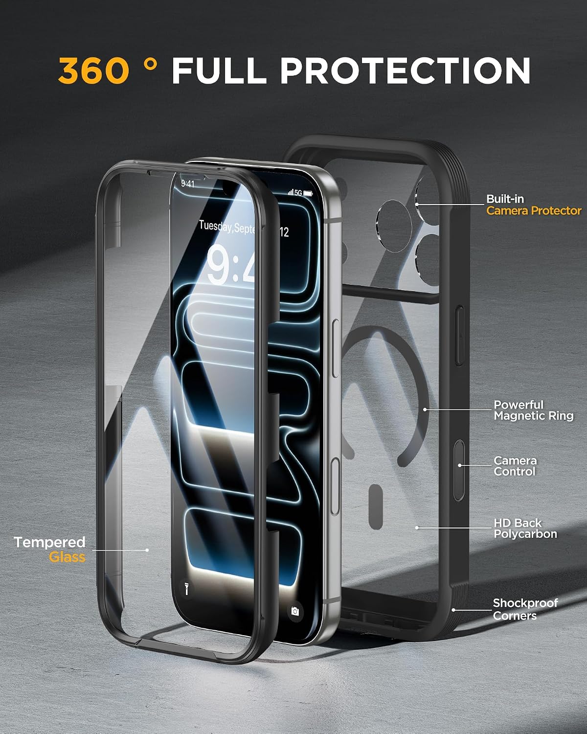 Miracase for iPhone 17 Pro Max Case 6.9" Full-Body Phone Case with Built-in Glass Screen Protector& Full Camera Protector, Camera Control [Magnetic with MagSafe] Drop Proof 17 ProMax Cover, Black