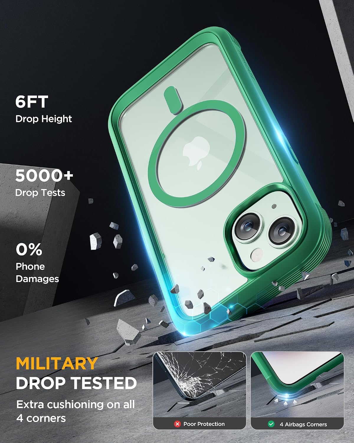 Miracase Magnetic for iPhone 15 Plus Case 6.7'' [Compatible with Magsafe] Full-Body Military Drop Proof 15 Plus Phone Case Cover with Built-in 9H Tempered Glass Screen Protector,Magnetic Green