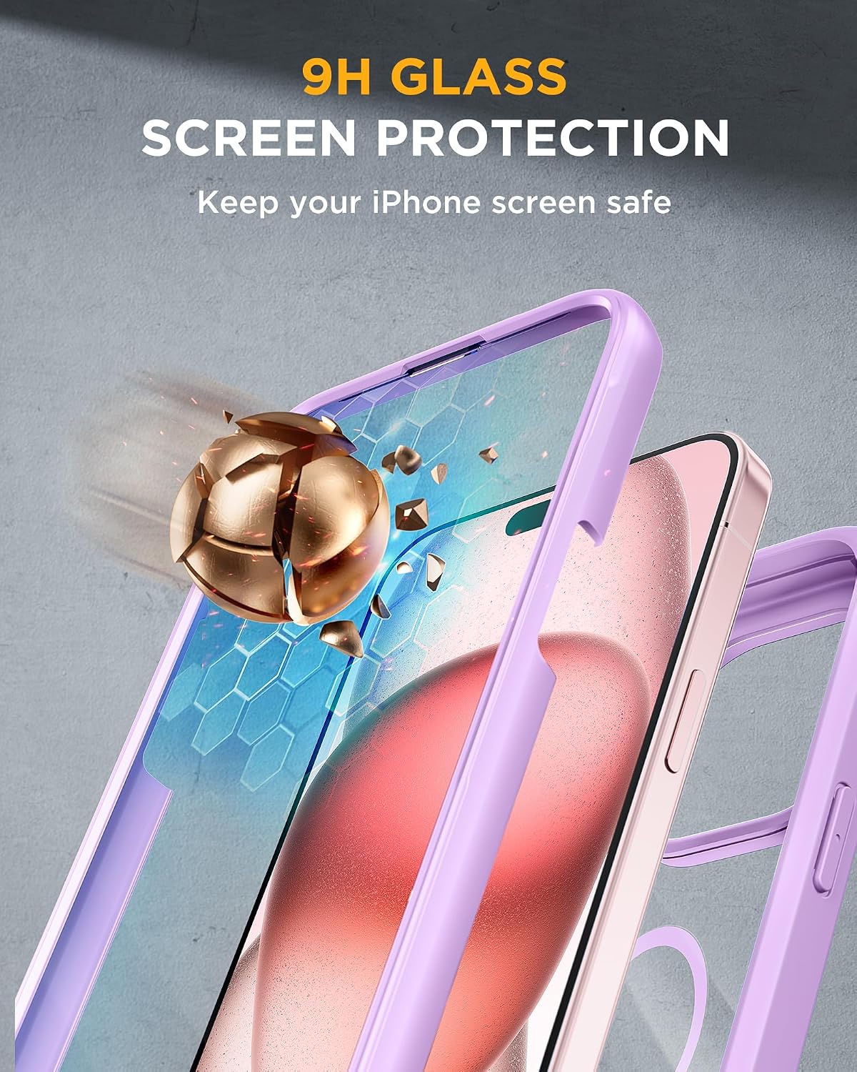 Miracase Glass Series for iPhone 15 Case [Compatible with MagSafe] Full-Body Magnetic Bumper Case with Built-in 9H Tempered Glass Screen Protector + Camera Lens Protector, Light Purple