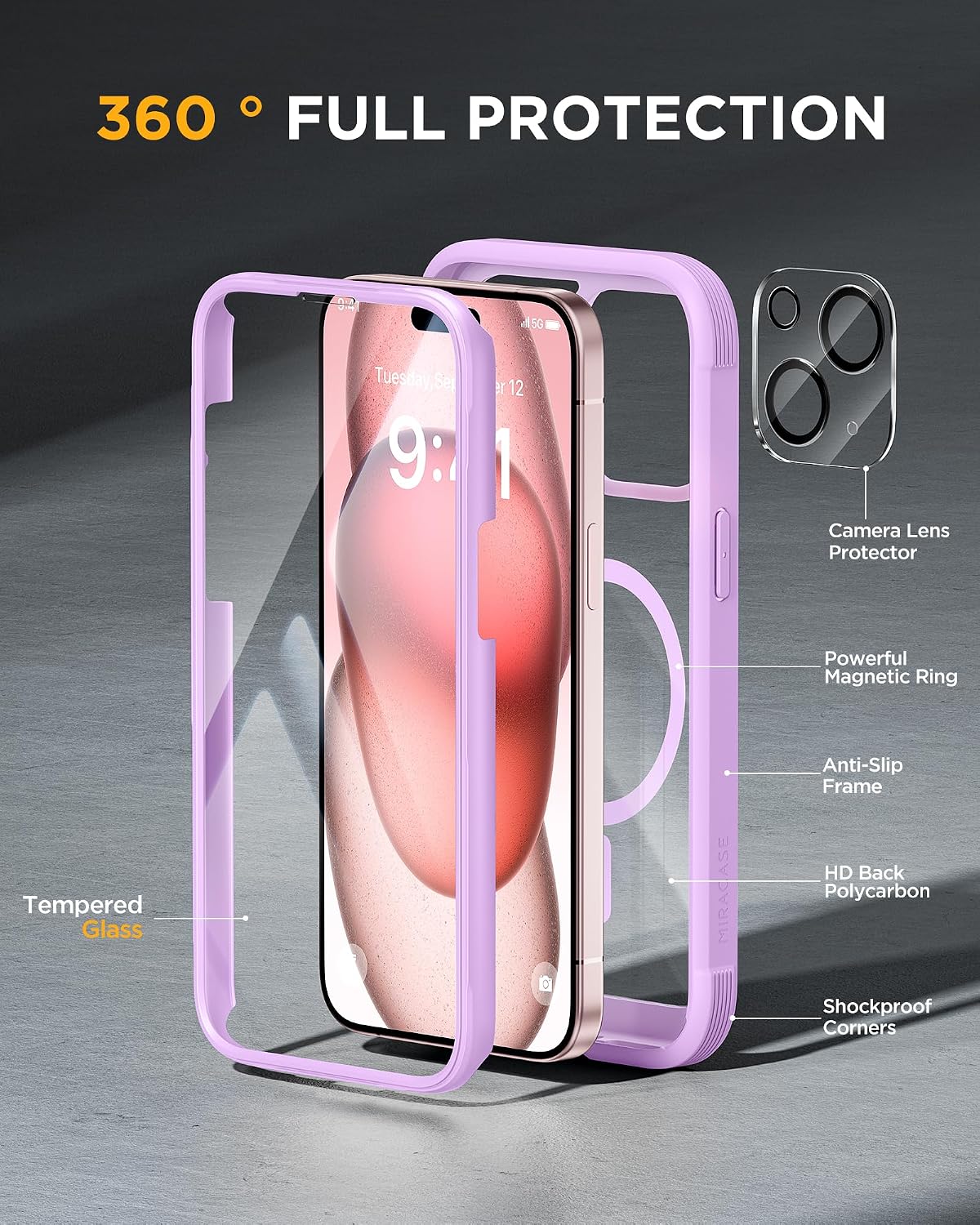 Miracase Glass Series for iPhone 15 Case [Compatible with MagSafe] Full-Body Magnetic Bumper Case with Built-in 9H Tempered Glass Screen Protector + Camera Lens Protector, Light Purple