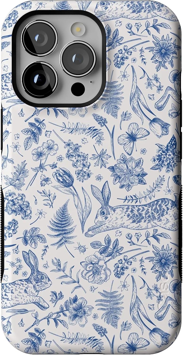 81Zpi9WIEL._AC_SL1500_ Casely iPhone 13 Pro Case | Blue Vintage Rabbits in Spring Flowers | Compatible with MagSafe | Bold Protective Design