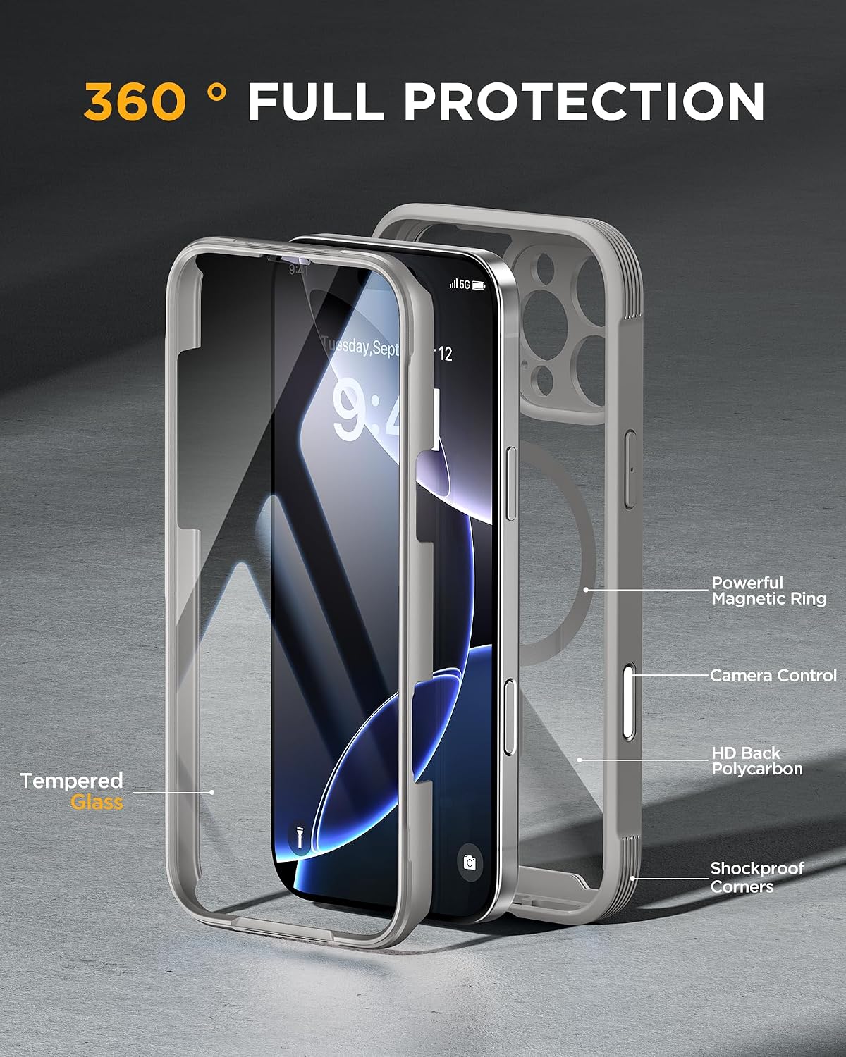 Miracase for iPhone 16 Pro Case Full-Body Phone with Built-in Glass Screen Protector, [Compatible with MagSafe] Military Drop Proof 16 Pro Cover Bumper 6.3 inch, Grey