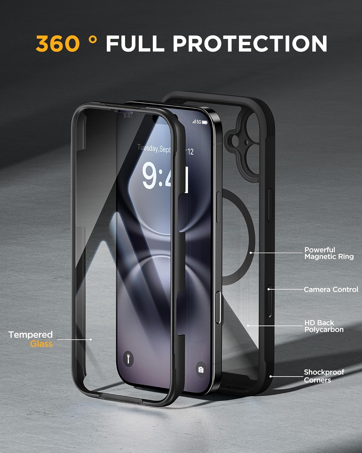 81eHDuMWjML._AC_SL1500_ Miracase for iPhone 16 Case 6.1'', Full-Body Bumper Phone case with Built-in Full Glass Screen &Camera Control,No Gap,Compatible with MagSafe,Drop Proof 16 Cover,Black