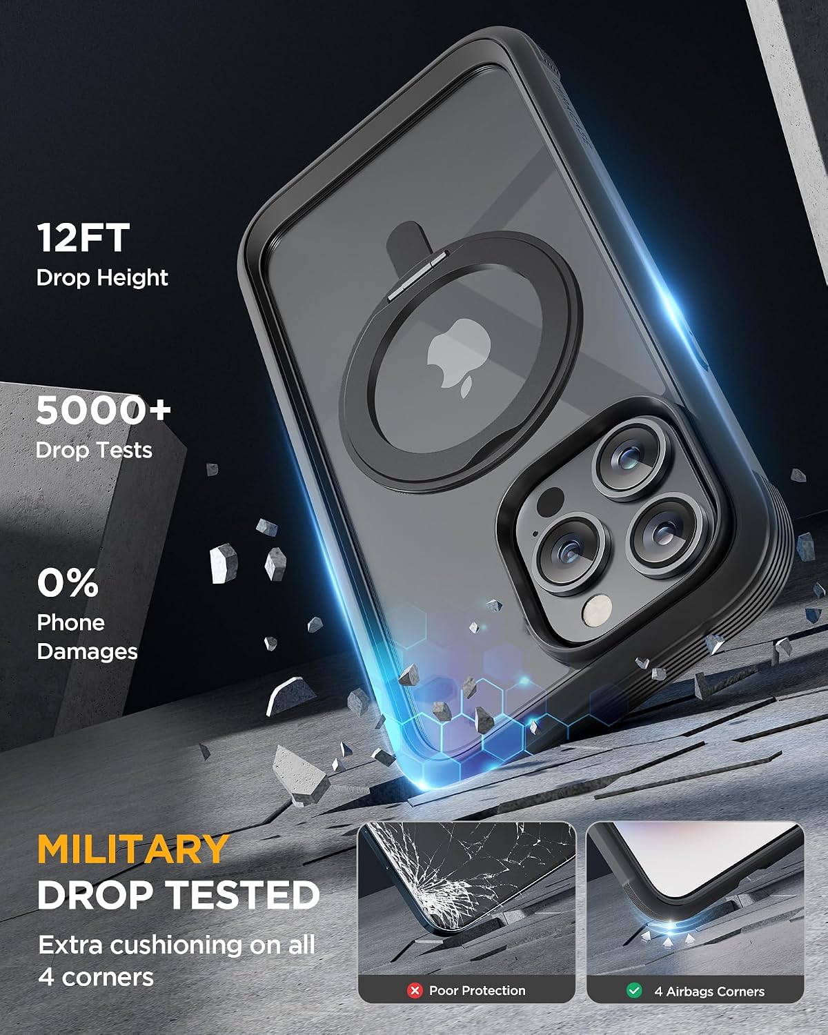 Miracase for iPhone 15 Pro Max Case with 360° Magnetic Ring Stand [Compatible with Magsafe] Full-Body Drop Proof Bumper Phone Case with Built-in 9H Tempered Glass Screen Protector,Black