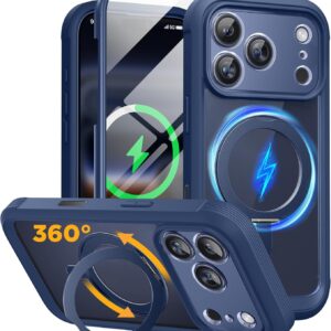 Miracase for iPhone 17 Pro Max Case with 360° Magnetic Ring Stand [Magnetic with Magsafe] Full-Body Drop Proof Bumper Phone Case with Built-in 11H Tempered Glass Screen Protector,Blue